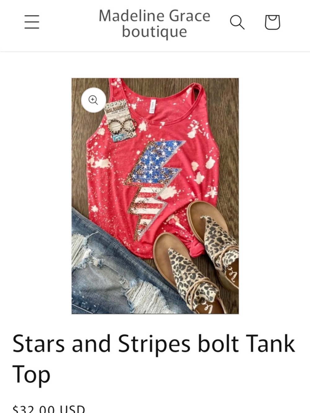 Bella Canvas Red Bleach-Effect Tank with Patriotic Bolt Accent